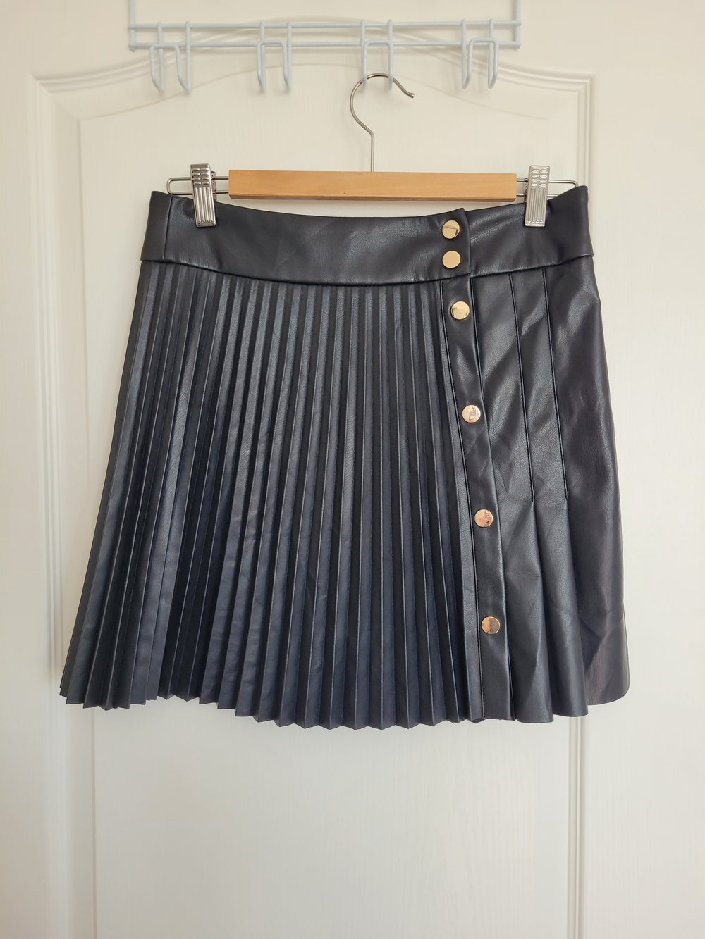 Zara Black Faux Leather Pleated Mini Skirt with Gold Buttons